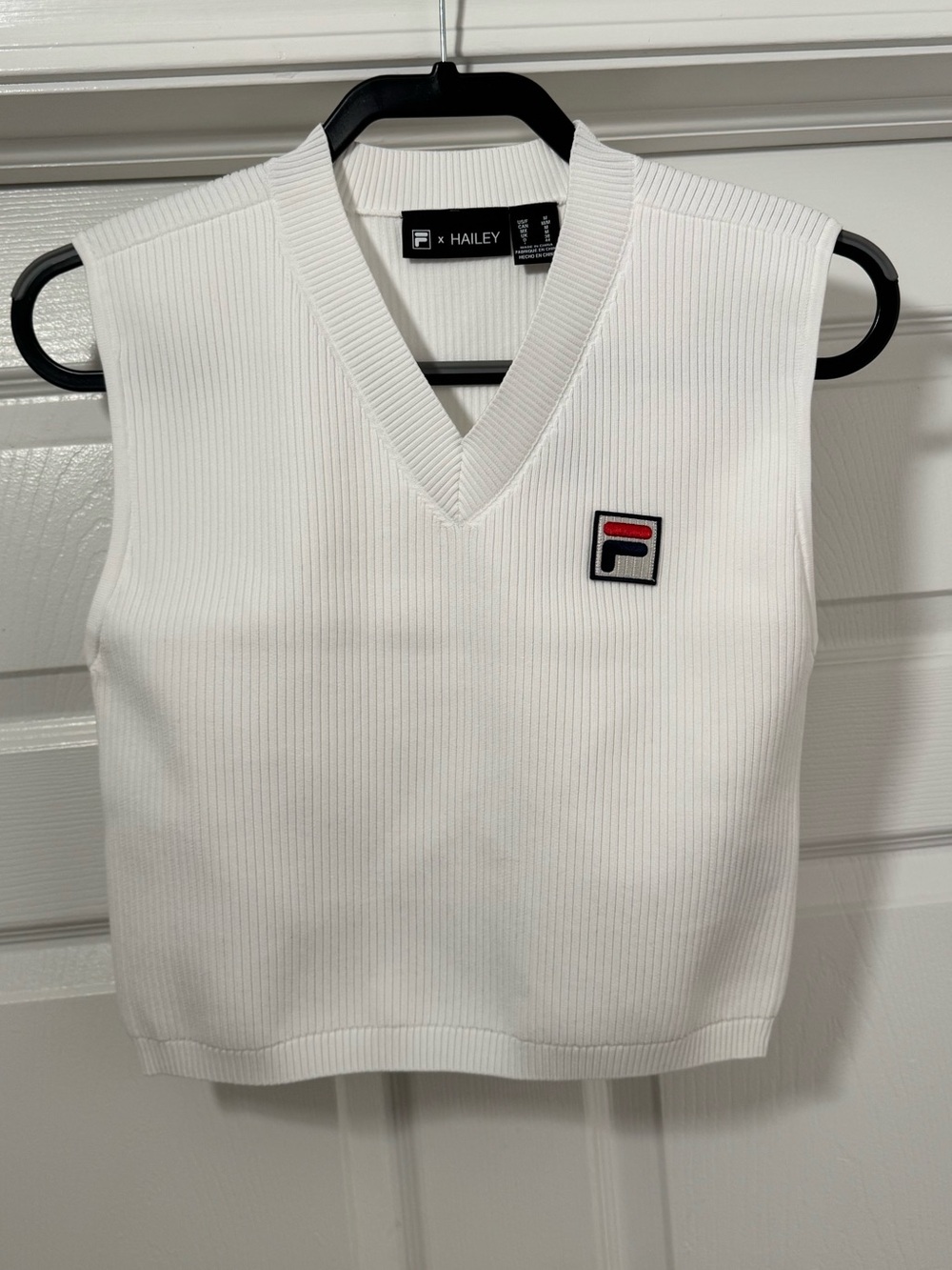 Fila White Ribbed V-Neck Logo Tank with Red & Navy Accent